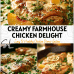 Golden chicken breasts with creamy peas and a peach sauce served in a rustic farmhouse skillet.